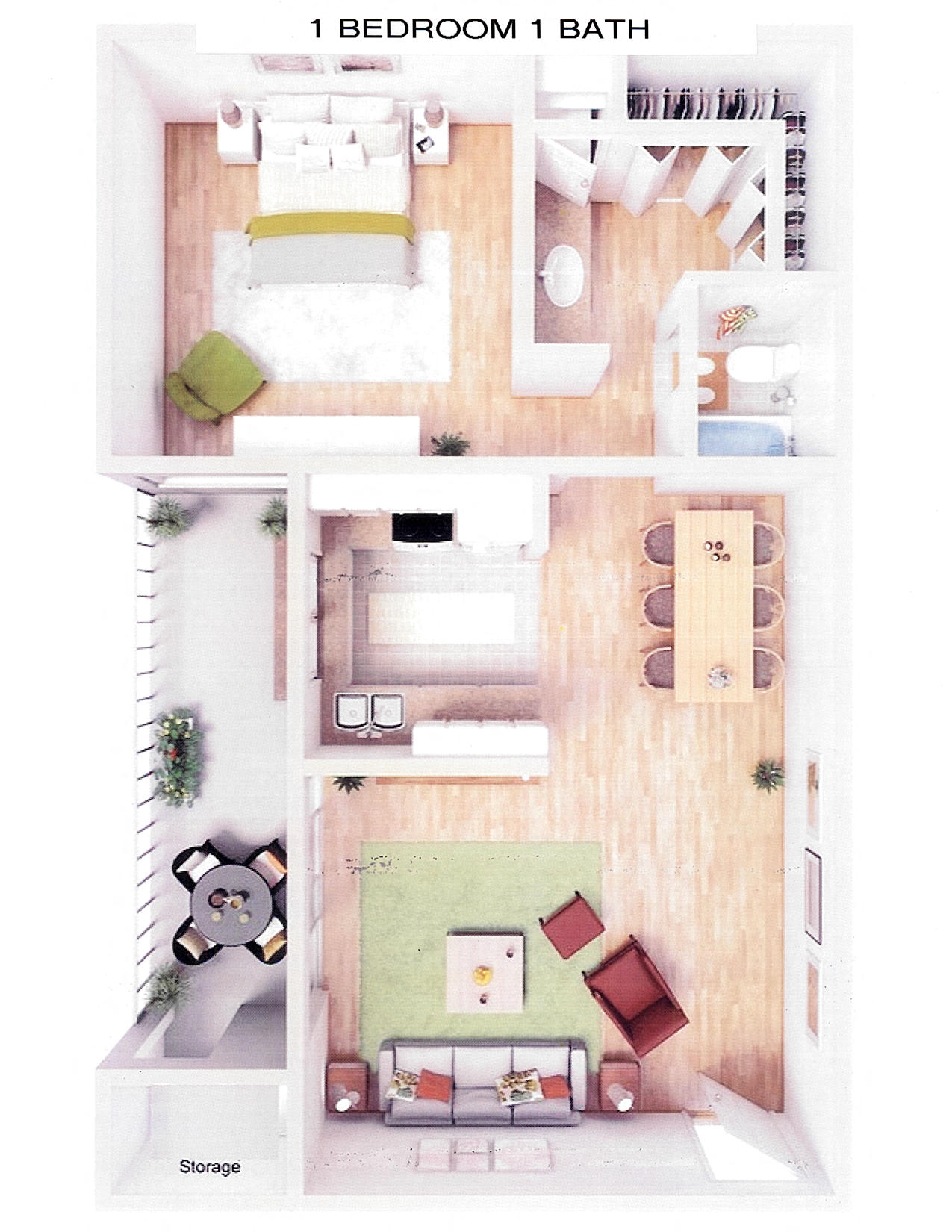 Floor plan for 1 bed, 1 bath, 1168 sqft